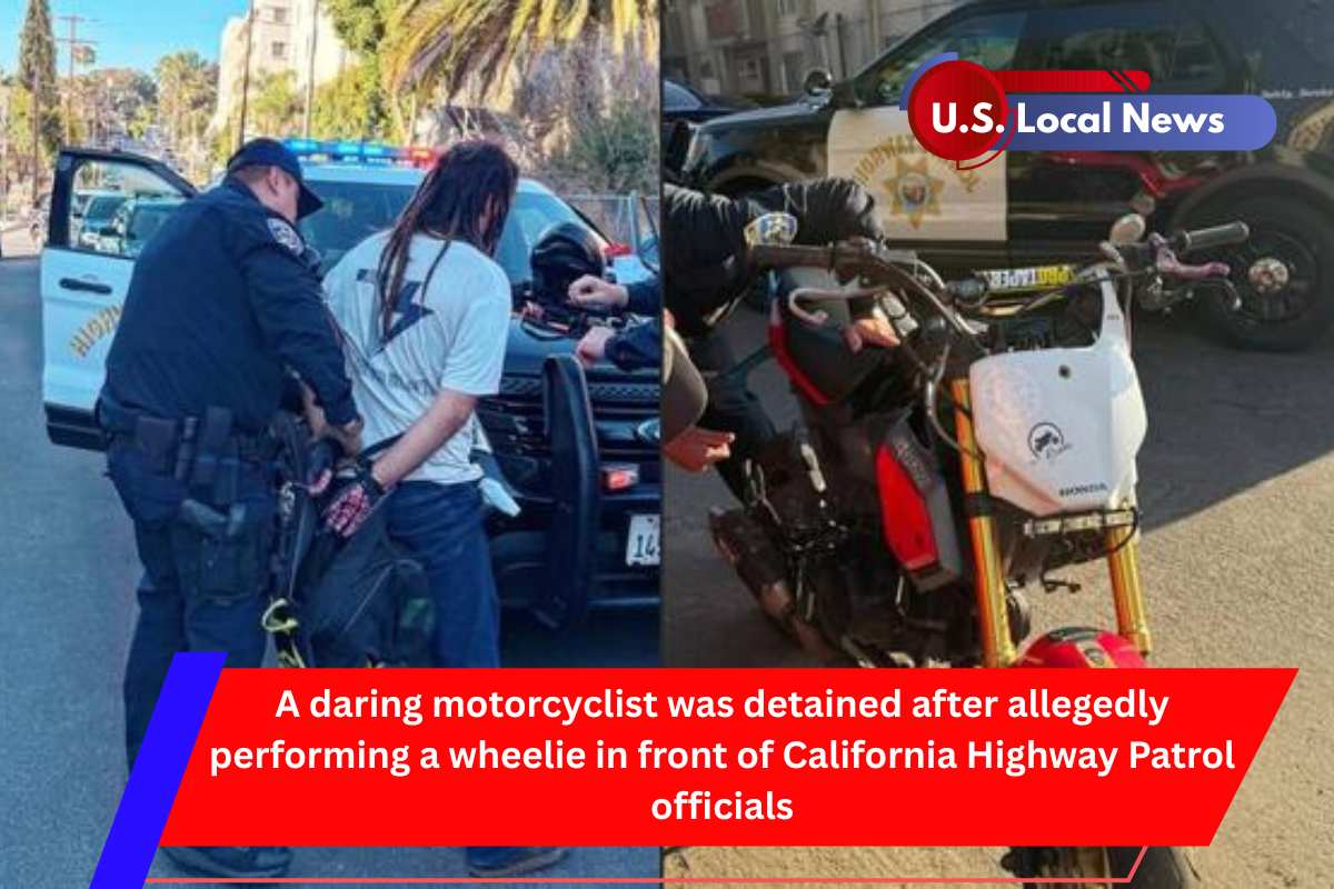A daring motorcyclist was detained after allegedly performing a wheelie in front of California Highway Patrol officials